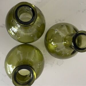 Set of 3 Sculptural Olive Green Glass Candle Holders or Mini Bud Vases